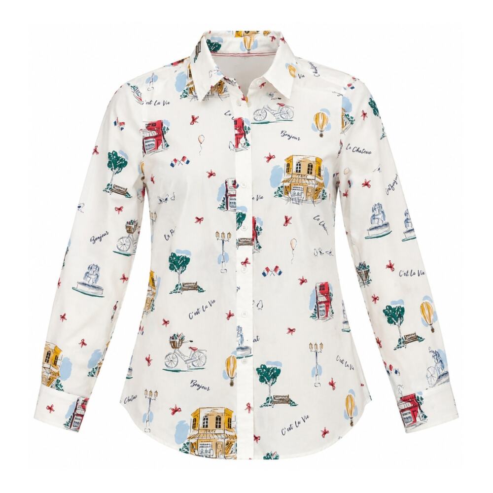 Talbots Parisian Novelty Print Cotton Blouse Medium Button Front Long Sleeve
